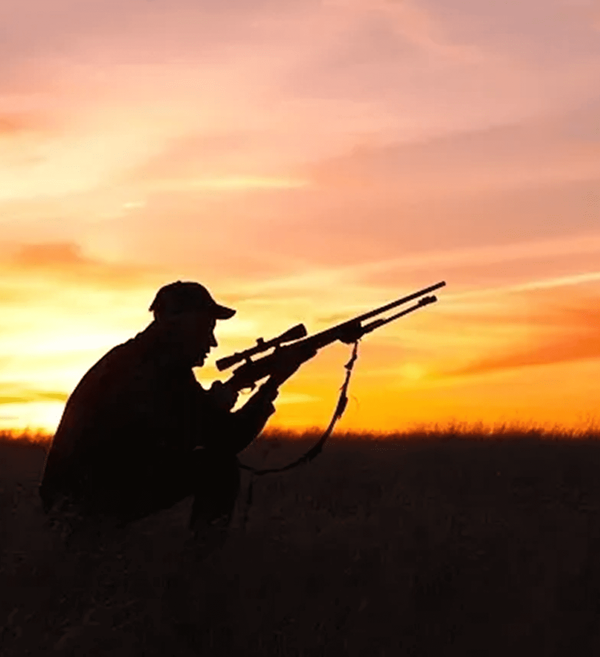 Silhouette of a hunter aiming a rifle at sunset in a field.