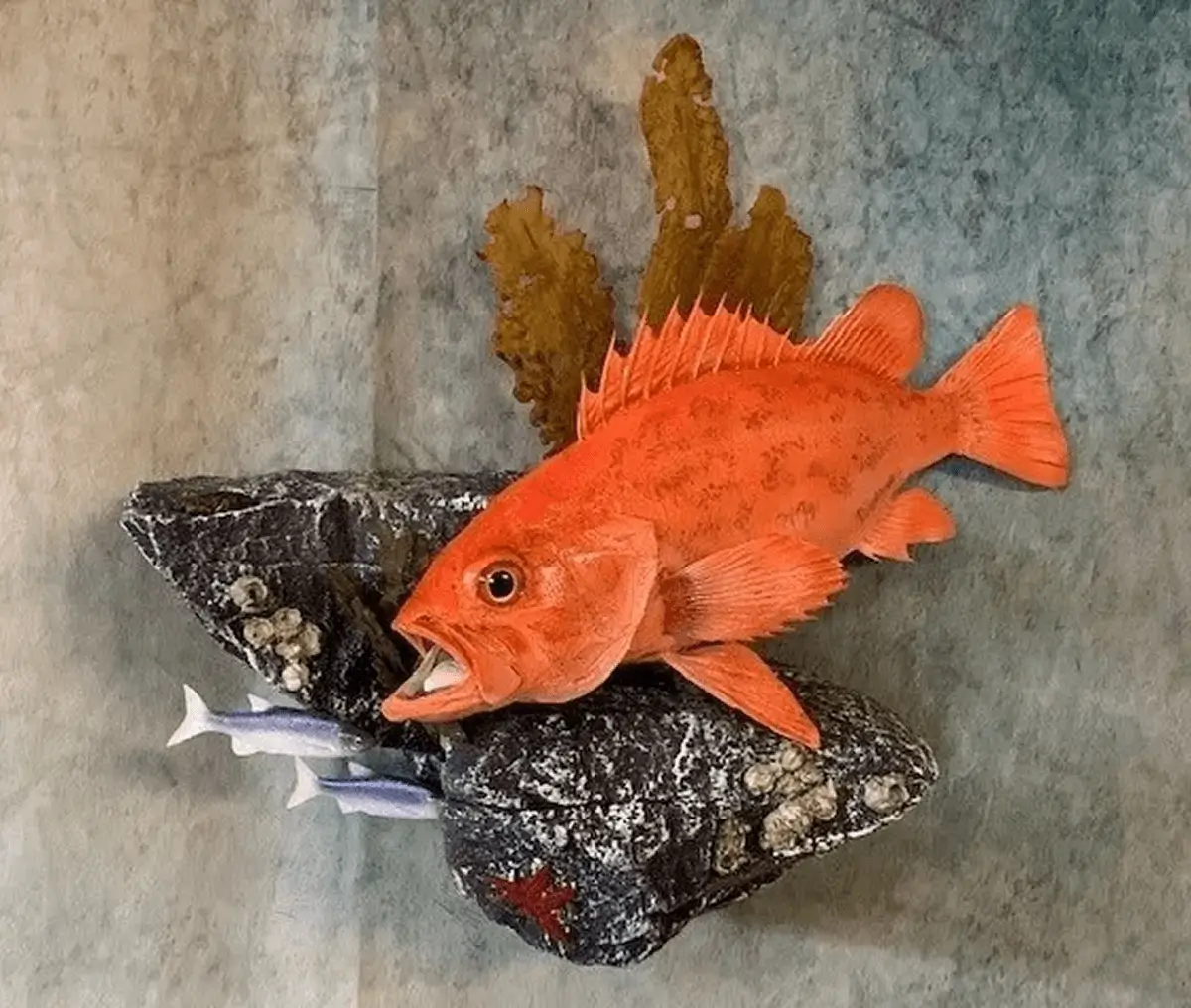 Orange fish sculpture on rocky underwater scene.